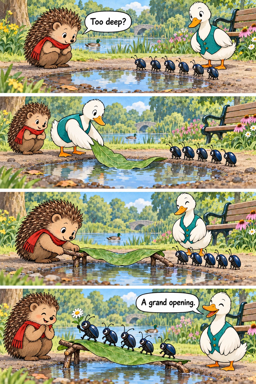 A Bridge for Beetles, page 1. A full transcript follows the comic.