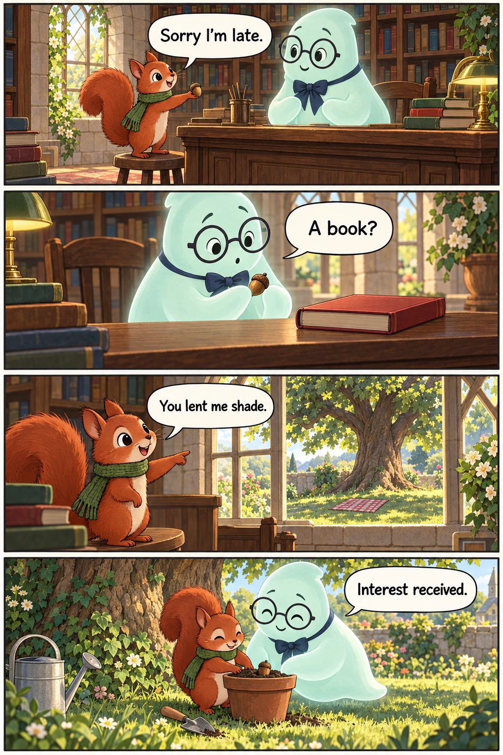 An Overdue Acorn, page 1. A full transcript follows the comic.