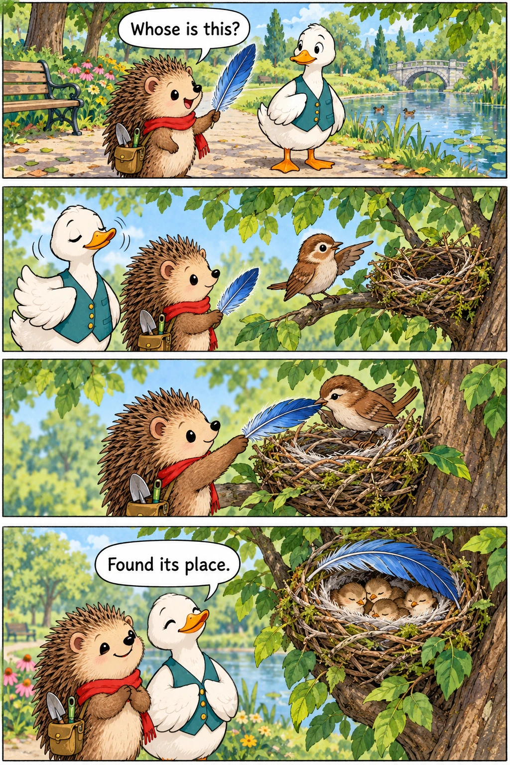 Lost and Feathered, page 1. A full transcript follows the comic.