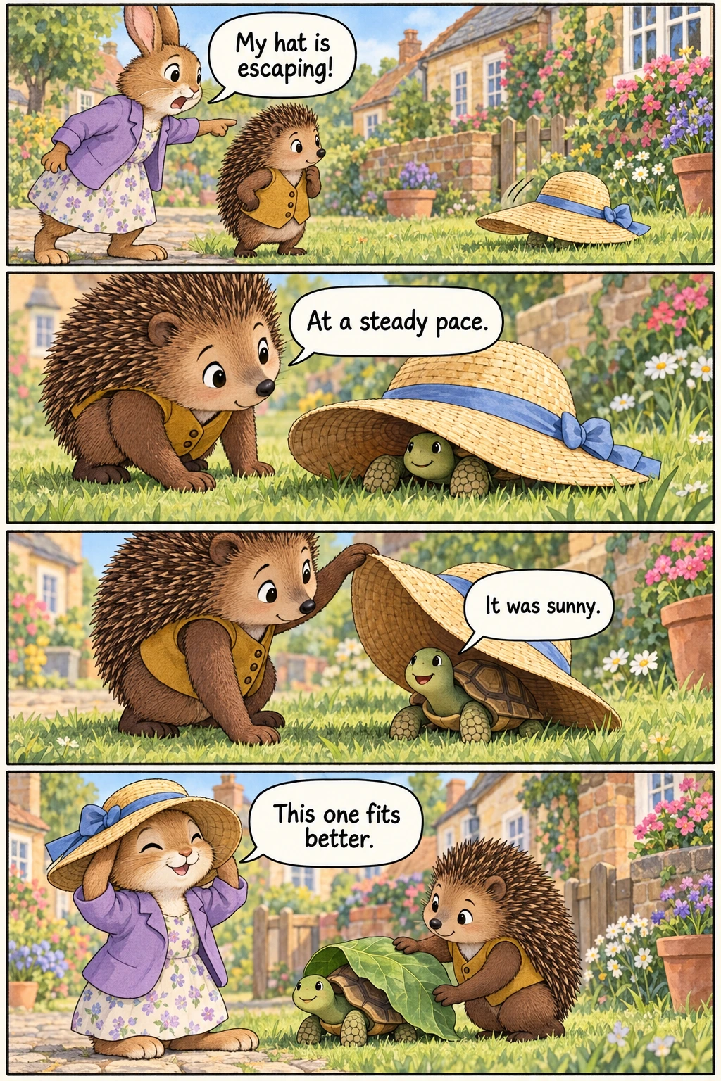 The Case of the Moving Hat, page 1. A full transcript follows the comic.