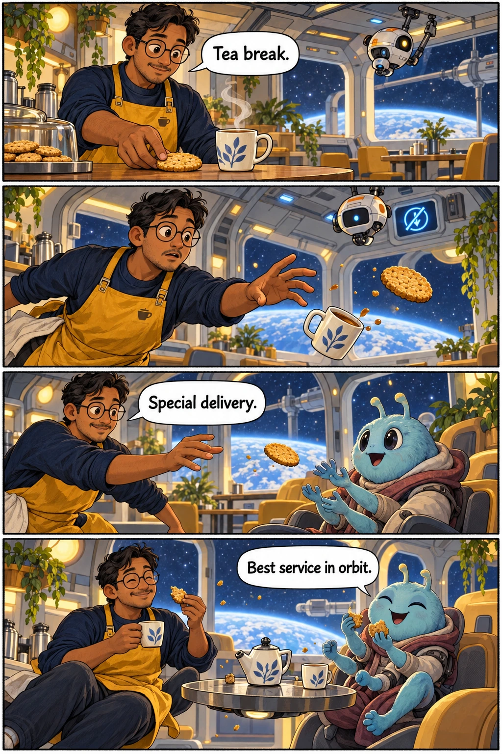 The Floating Biscuit, page 1. A full transcript follows the comic.