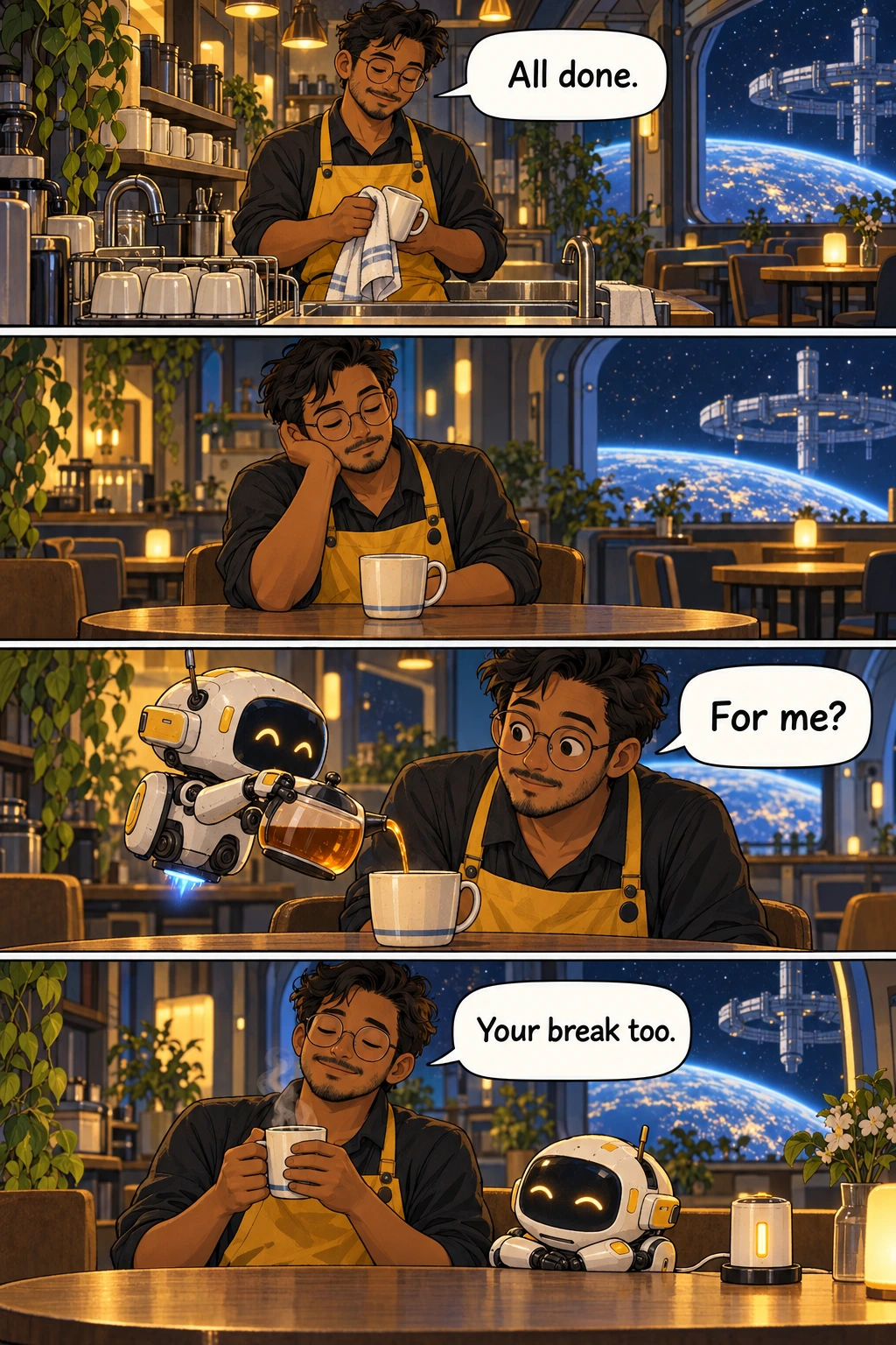 The Last Warm Cup, page 1. A full transcript follows the comic.