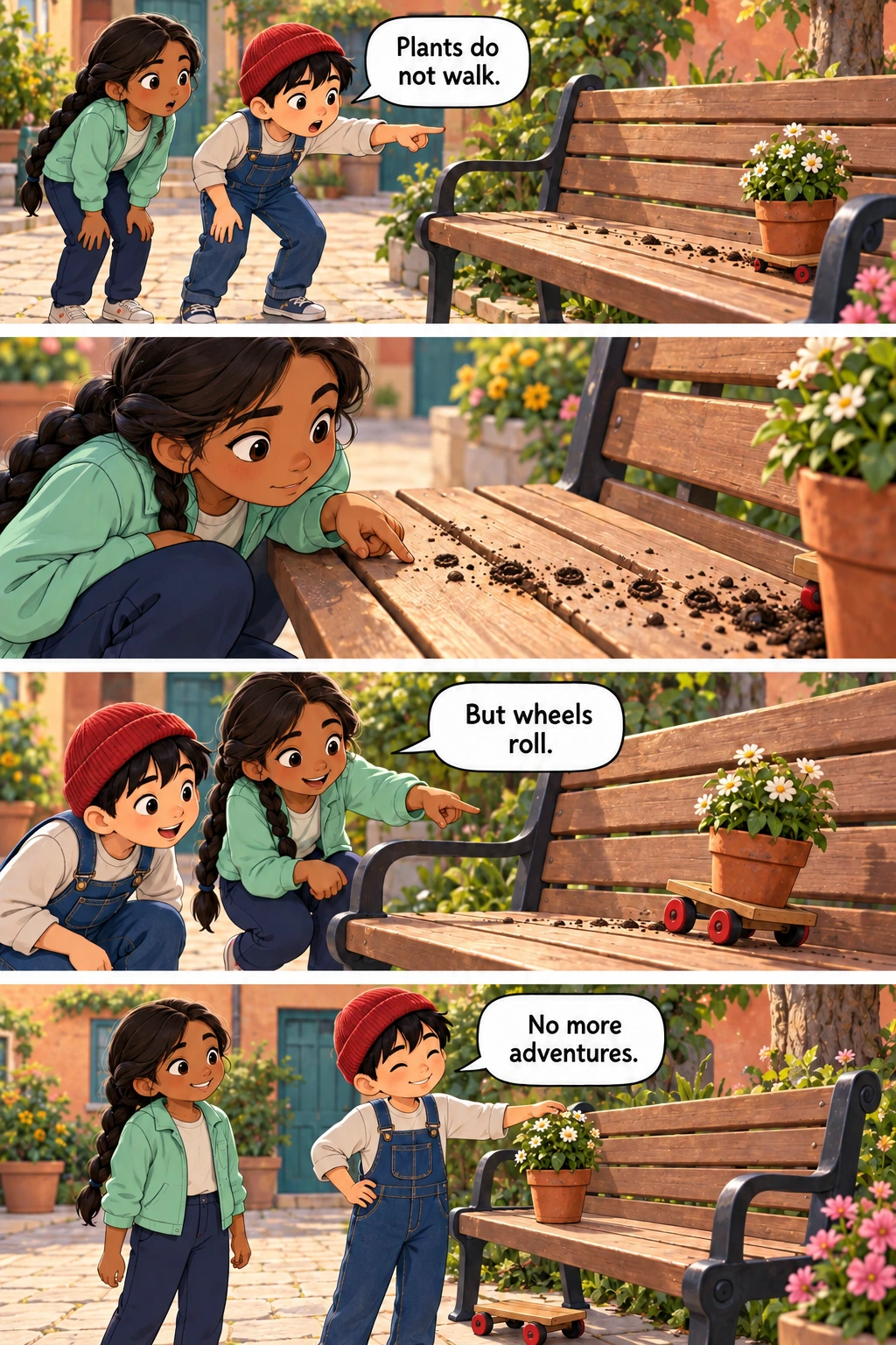 The Moving Flowerpot, page 1. A full transcript follows the comic.