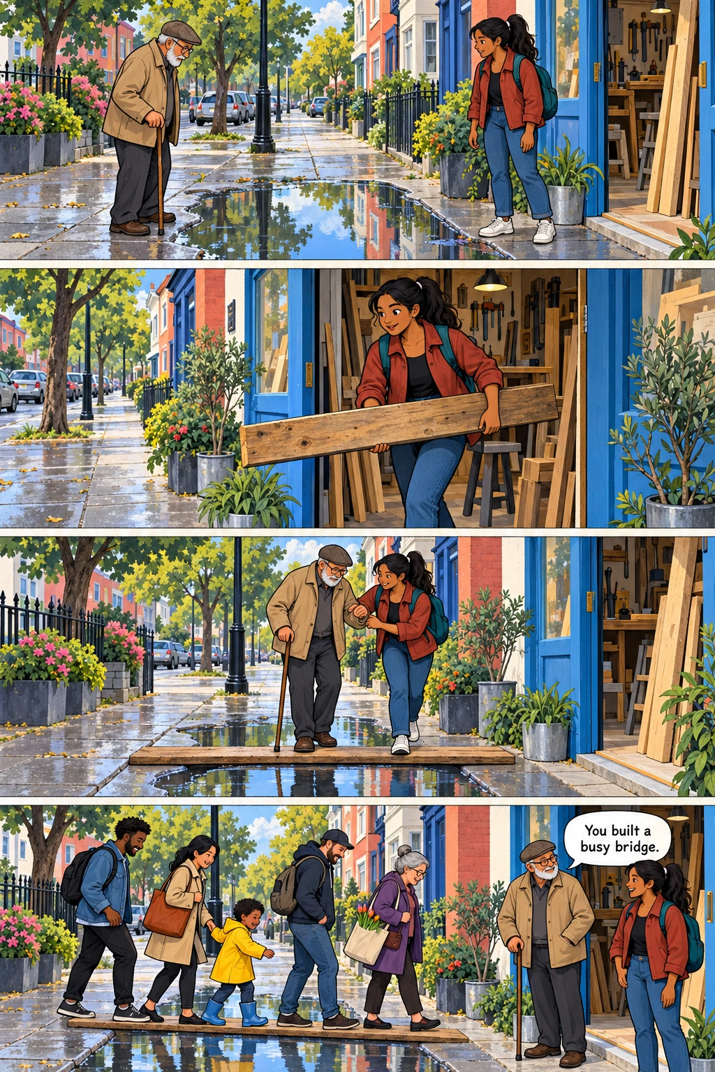 The Puddle Bridge, page 1. A full transcript follows the comic.