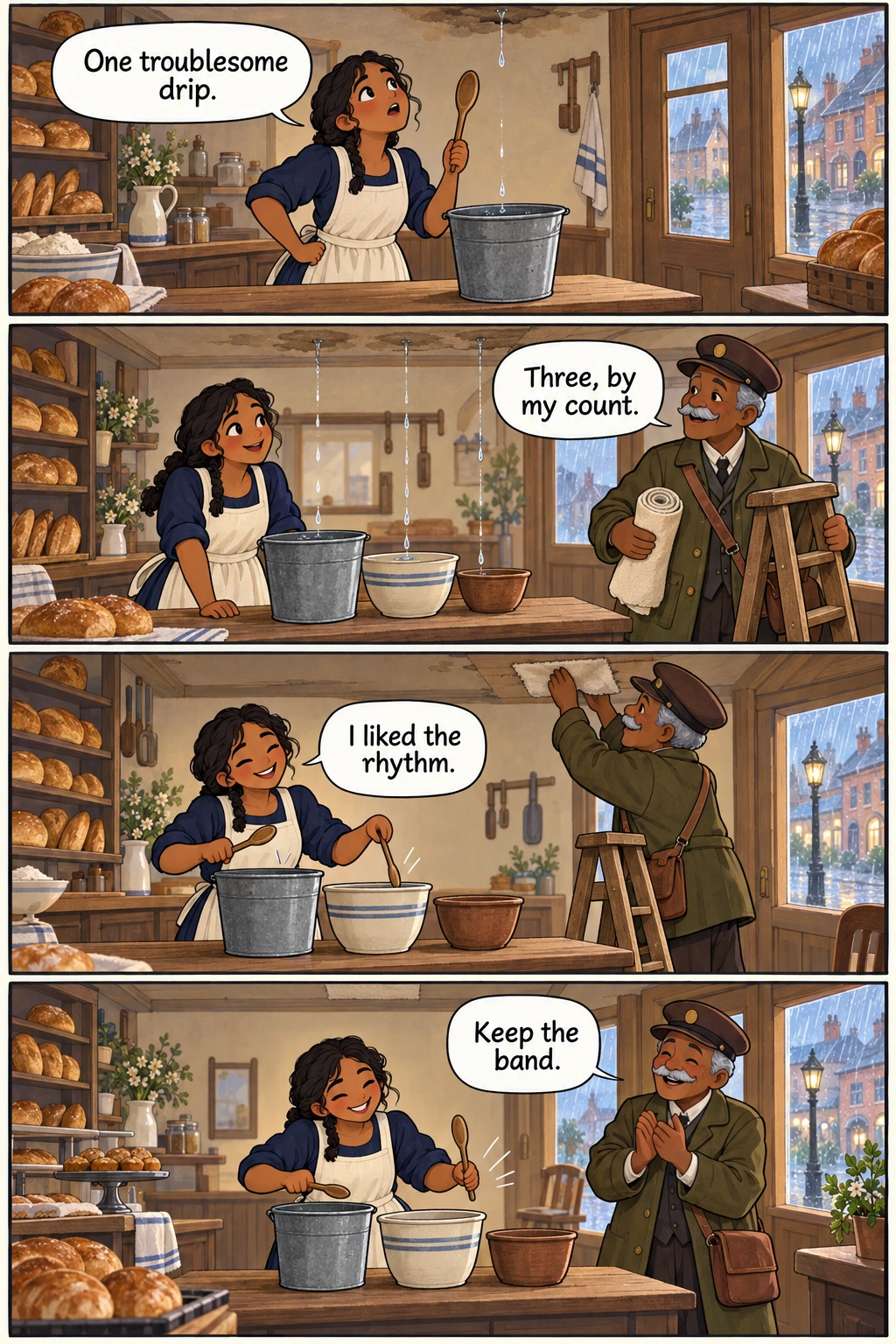 The Rainy-Day Concert, page 1. A full transcript follows the comic.
