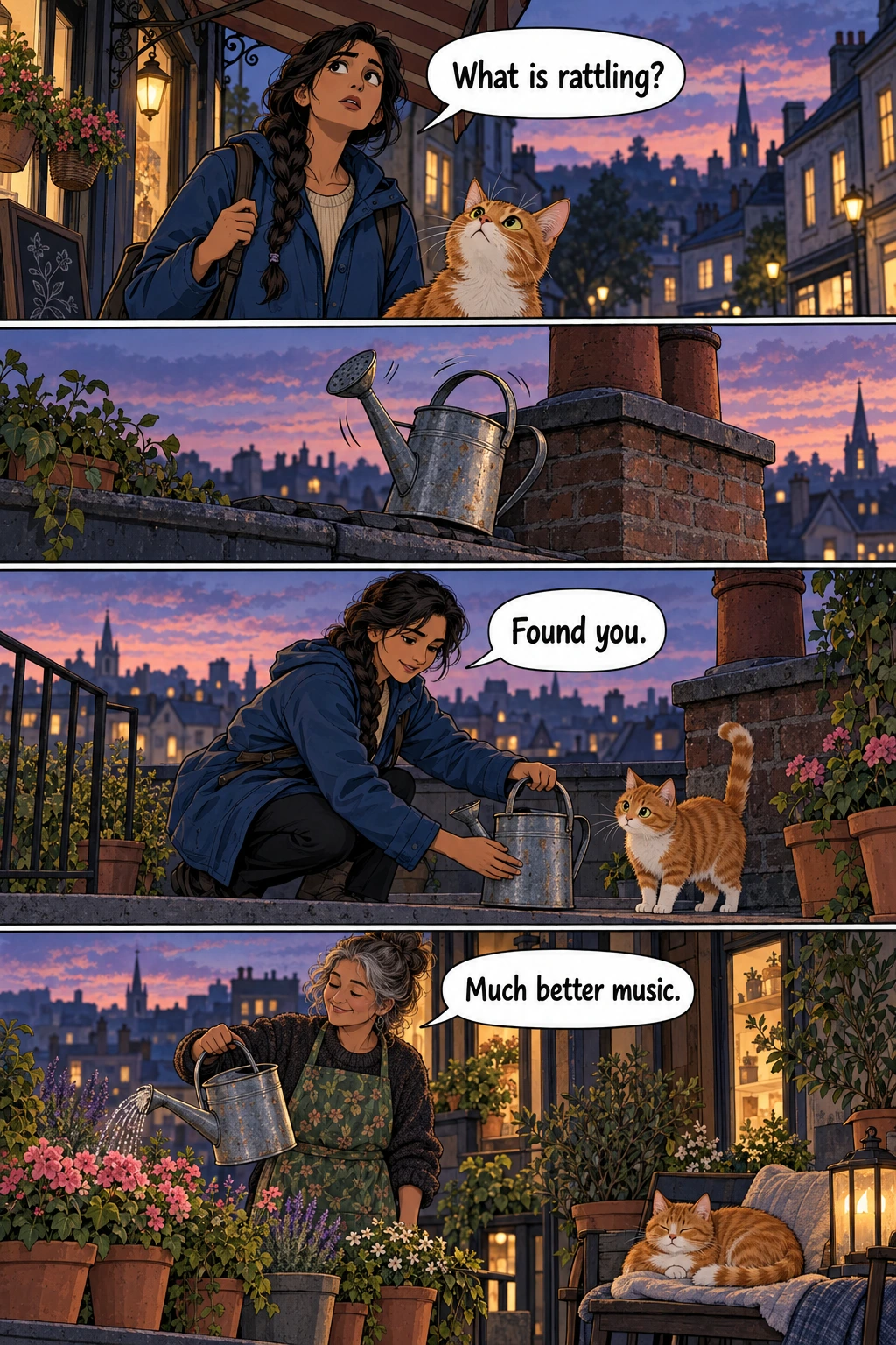 The Rooftop Rattle, page 1. A full transcript follows the comic.