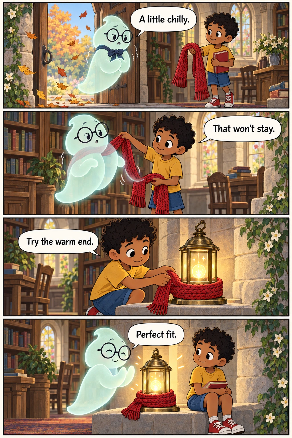 The Scarf at the Door, page 1. A full transcript follows the comic.