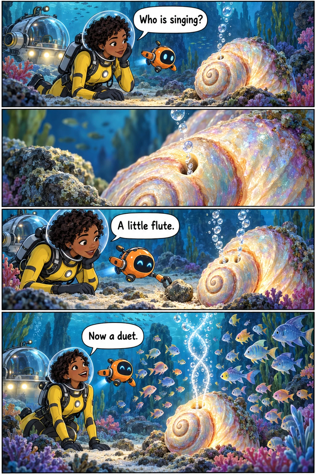 The Singing Shell, page 1. A full transcript follows the comic.