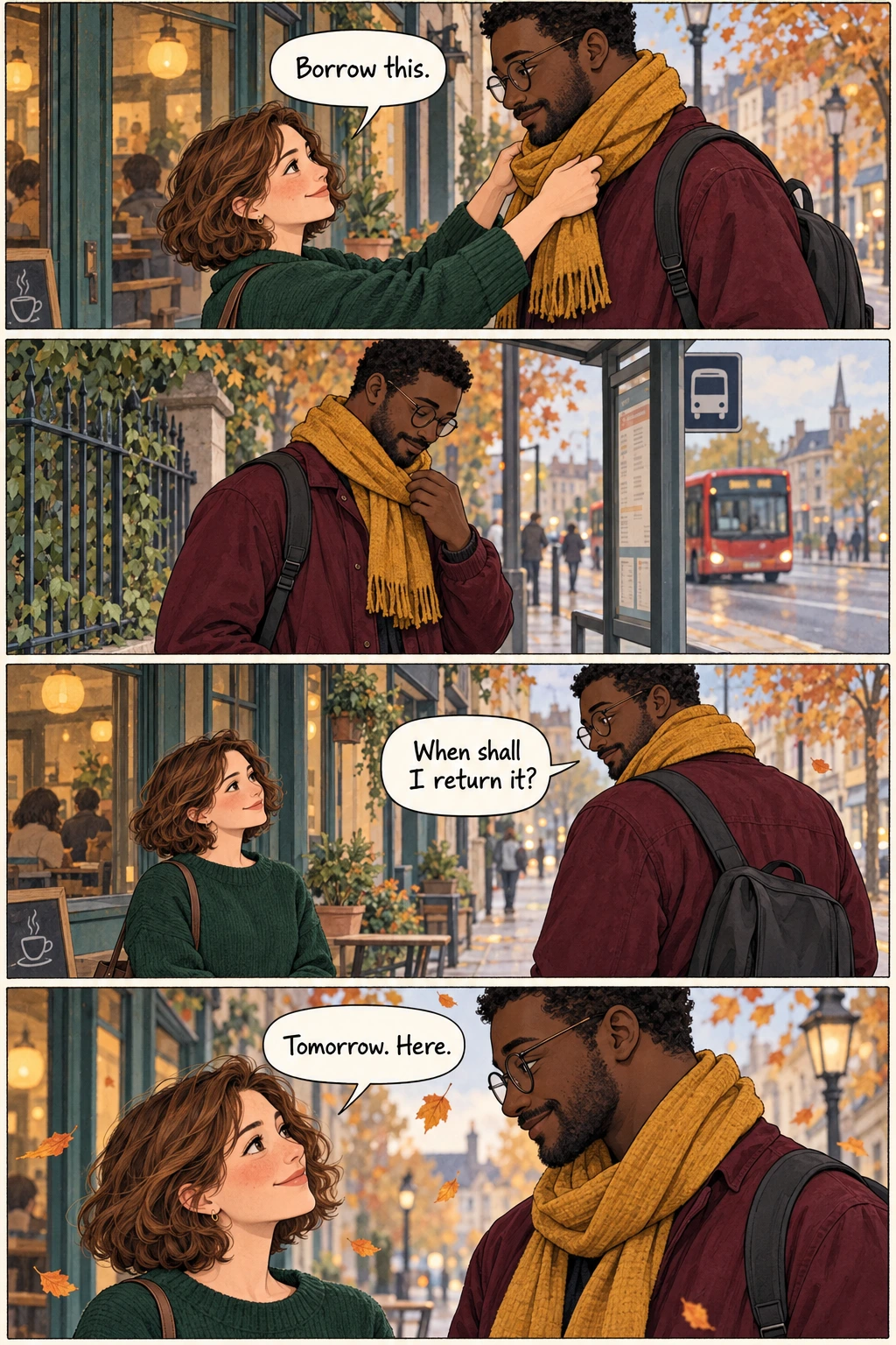 The Spare Scarf, page 1. A full transcript follows the comic.