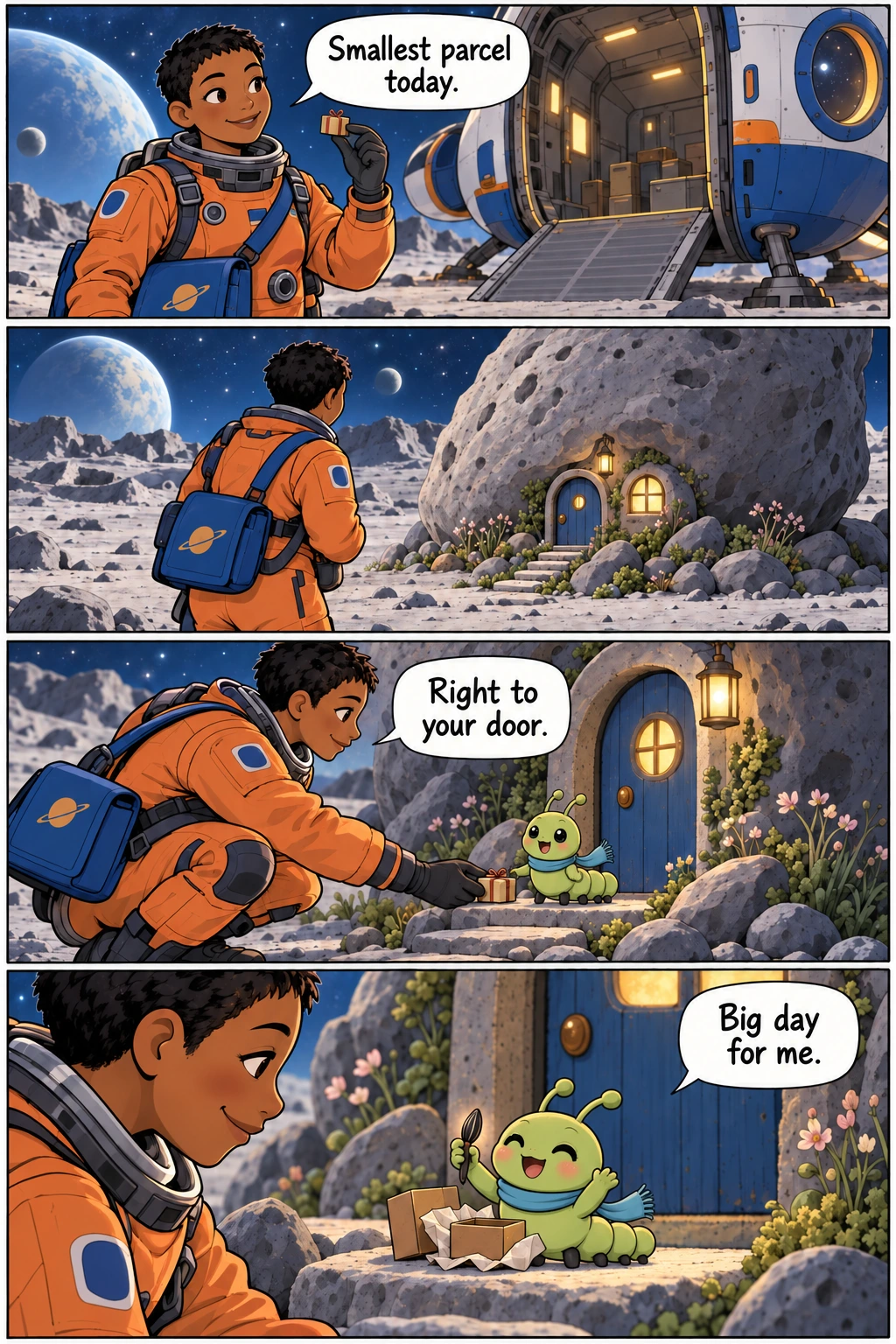 The Tiny Delivery, page 1. A full transcript follows the comic.