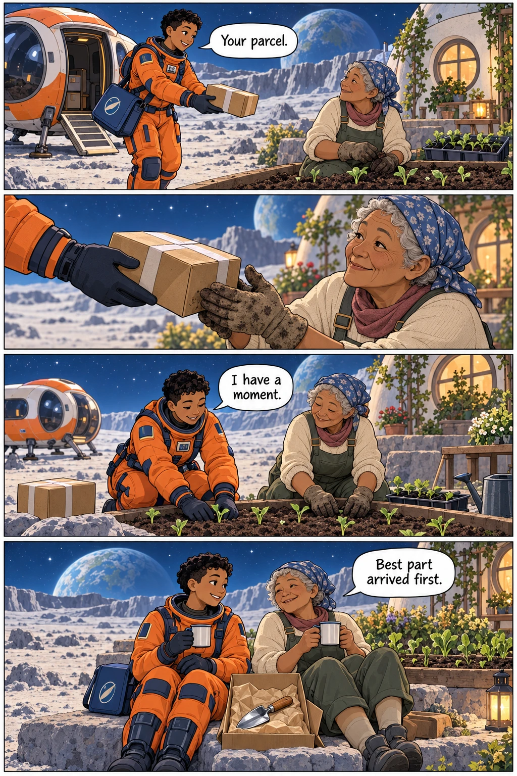 The Unhurried Stop, page 1. A full transcript follows the comic.