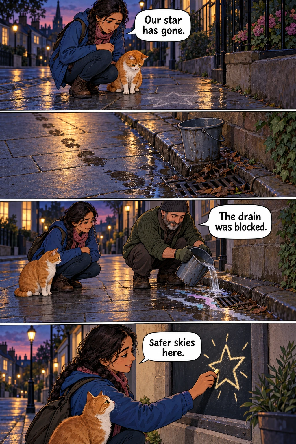 The Vanishing Chalk Star, page 1. A full transcript follows the comic.