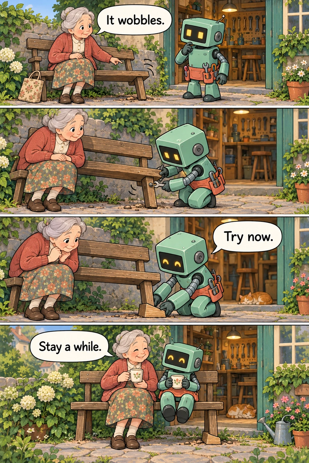The Wobbly Welcome, page 1. A full transcript follows the comic.