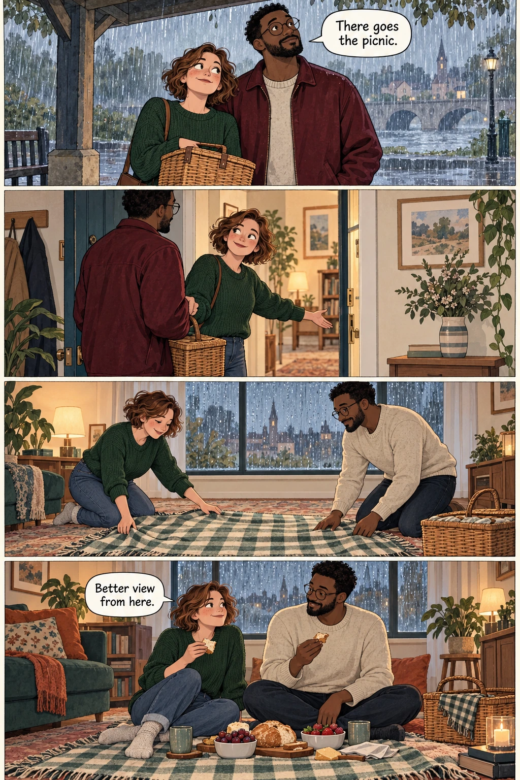 Weather for Staying, page 1. A full transcript follows the comic.