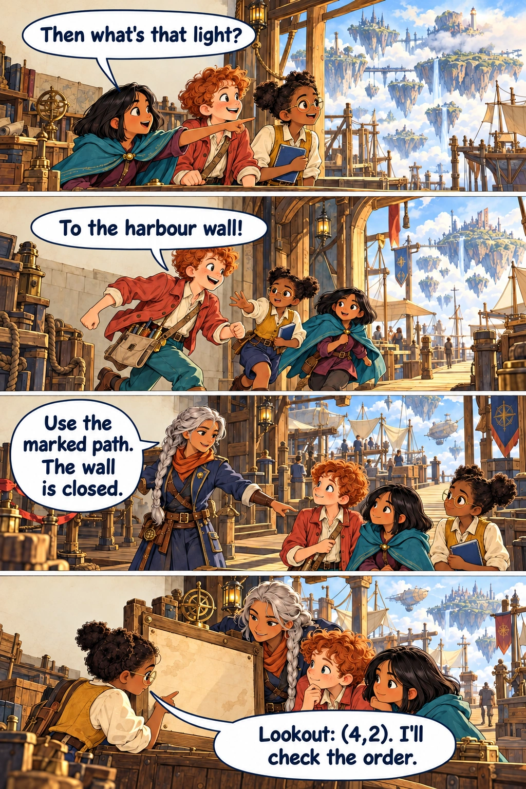 Page 2: Mina sees a light, and Captain Sora directs the children to a safe lookout path.