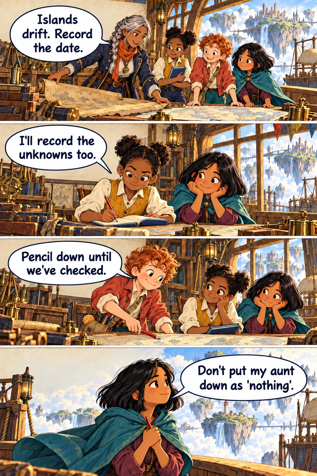Page 5: back in the map-room, the apprentices record observations without guessing a position.