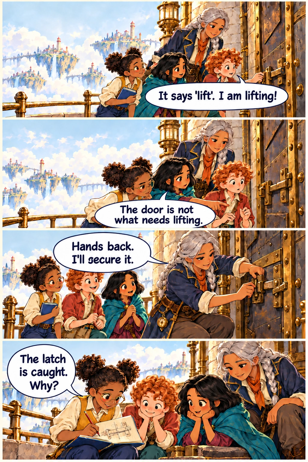 The Atlas Engine, Chapter 4, page 1. Kit tries a small waist-high metal latch on Brindle lighthouse service door; Sora supervises beside three children on flat landing. Mina points to the small stuck latch while Kit lets go; Ada studies the door. Sora secures the door and latch mechanism; children stand aside safely. Ada sketches the small latch in her blue notebook with friends looking.