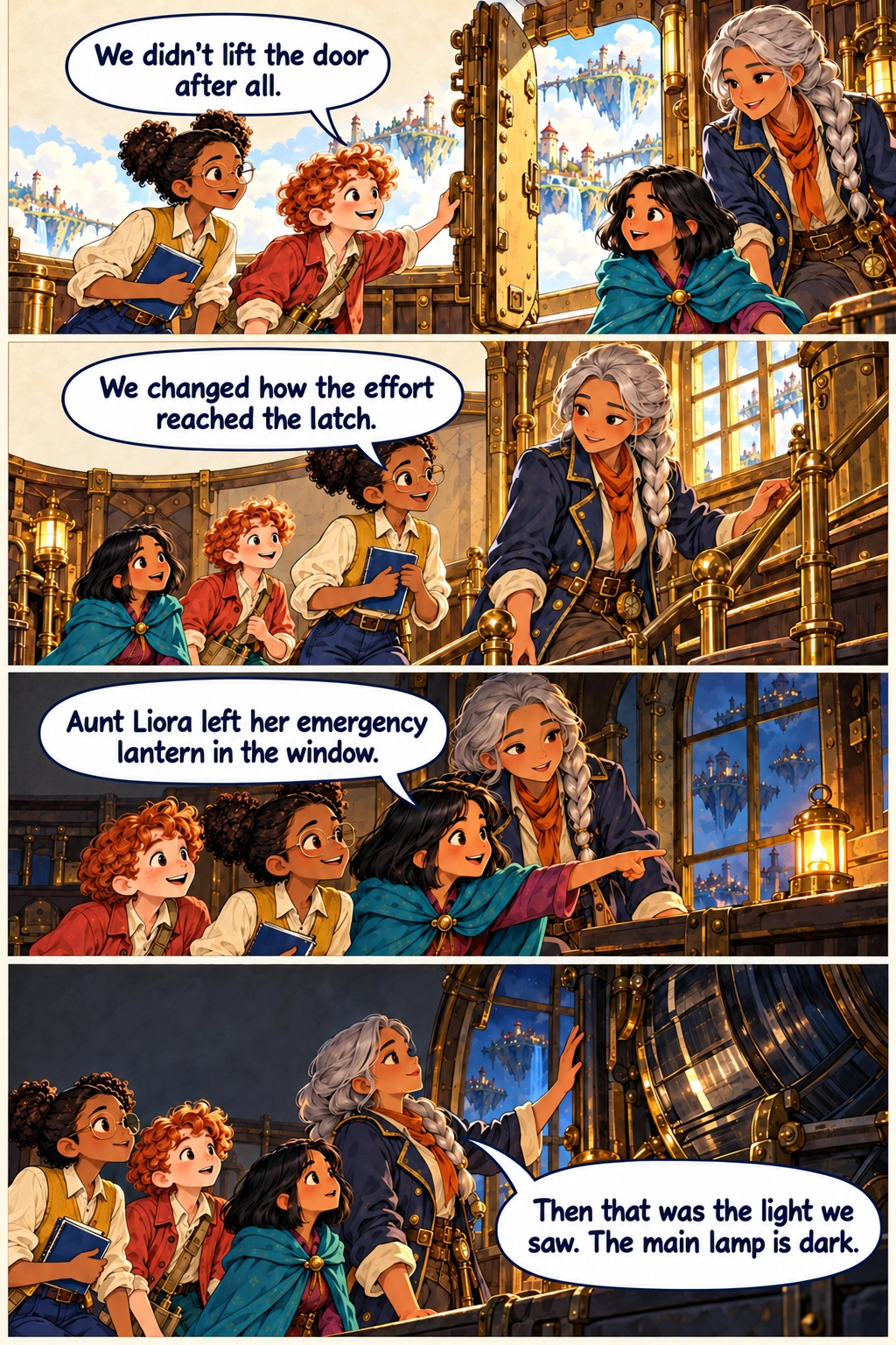 The Atlas Engine, Chapter 4, page 6. Kit smiles at the open hinged service door beside his friends, no suspended door. Ada closes her notebook and enters beside Sora. Mina points to a small warm lantern in the lighthouse window; room dim, Sora and friends present. Sora looks at a large dark fictional lighthouse lamp while small emergency lantern glows nearby.