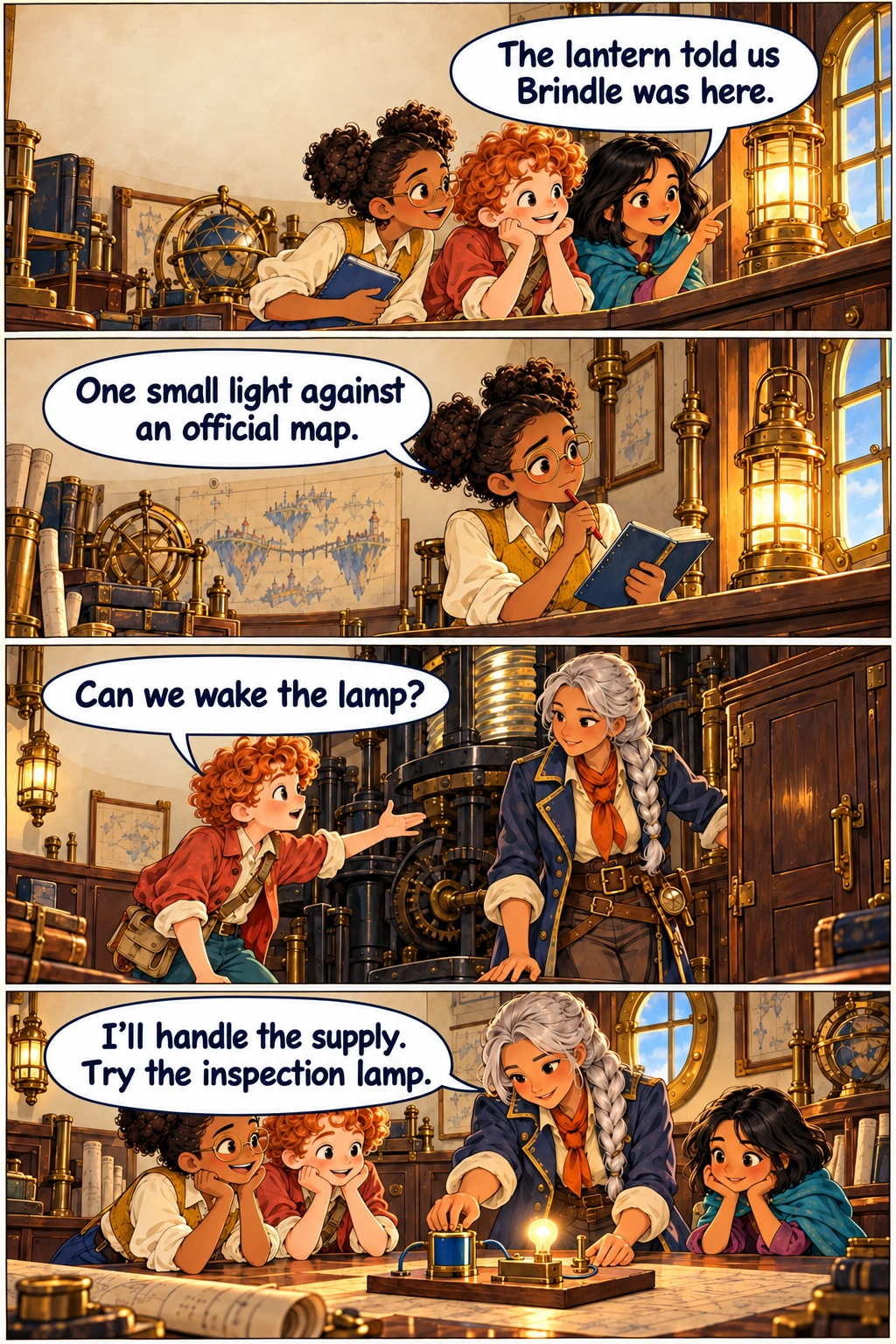 The Atlas Engine, Chapter 5, page 1. Mina looks at emergency lantern on lighthouse windowsill with Ada and Kit. Ada looks from notebook chart to glowing emergency lantern, thoughtful. Kit gestures towards dark fictional lighthouse machinery while Sora stands beside its closed cabinet. Sora sets a small low-voltage cell-and-lamp demonstration kit on a table away from main machinery.