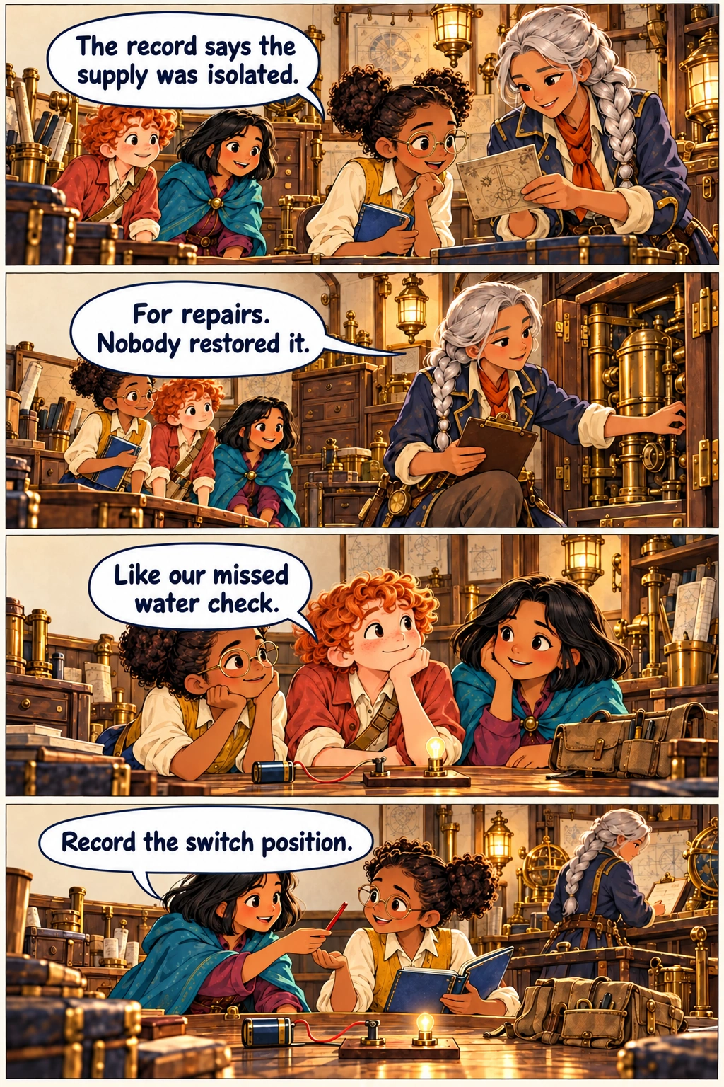 The Atlas Engine, Chapter 5, page 5. Ada reads a maintenance card held by Sora; no legible generated lettering. Sora inspects secured fictional machinery cabinet, hand on clipboard, children in background. Kit quietly reflects beside Ada and Mina, the small kit on table. Mina gives Ada red pencil beside notebook while adult works away from children.