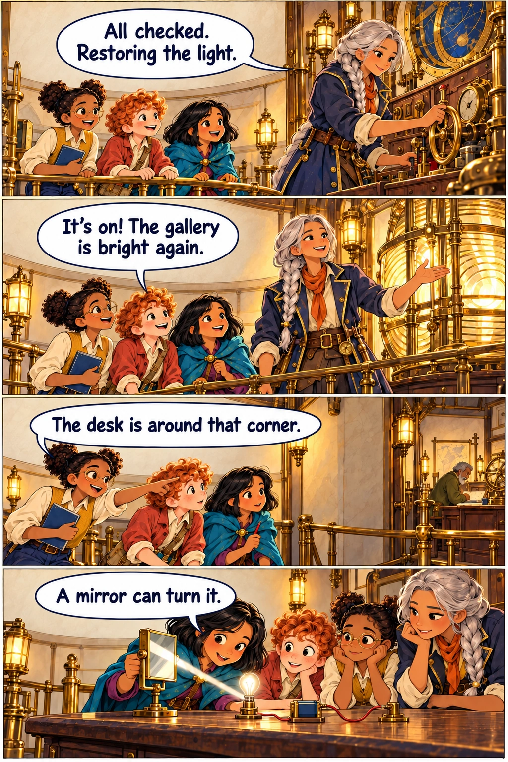 The Atlas Engine, Chapter 5, page 6. Sora operates closed fictional lighthouse control panel; children behind safe railing. Warm lights illuminate the lighthouse service gallery, children delighted beside Sora. Ada points along an L-shaped interior gallery with a wall blocking direct view to distant receiving desk. Mina studies a small plane mirror in a safe stand beside gallery wall, other children attentive.