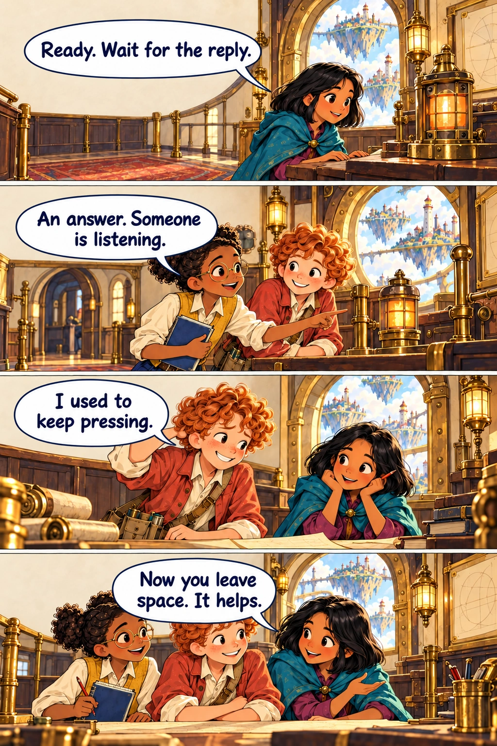 The Atlas Engine, Chapter 6, page 5. Mina watches a small indicator near the receiving desk, hands safely away from lamp. Ada notices a warm return indicator on report desk; Kit smiles. Kit reflects with friendly embarrassed grin, Mina listens. Mina smiles at Kit, Ada beside them holding notebook.