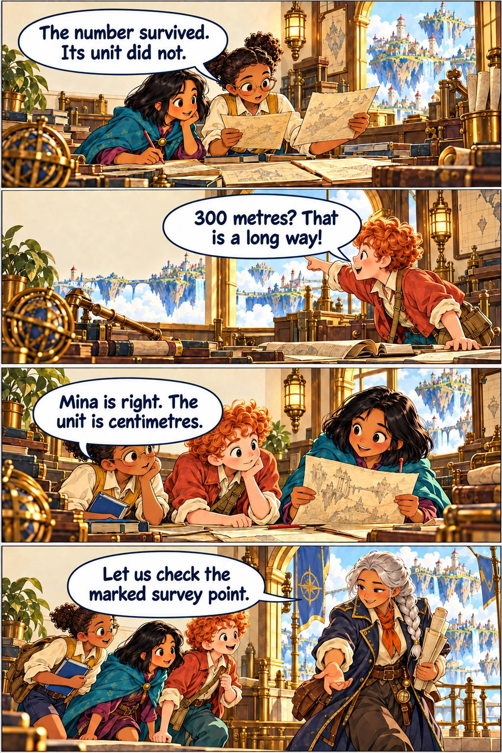 The Atlas Engine, Chapter 7, page 1. Ada compares two paper records on the Brindle report desk; Mina is beside her. Kit looks from a paper report to the distant islands through a window. Mina holds the original report, insisting calmly while her friends listen. Captain Sora gathers the original records beside the three apprentices.