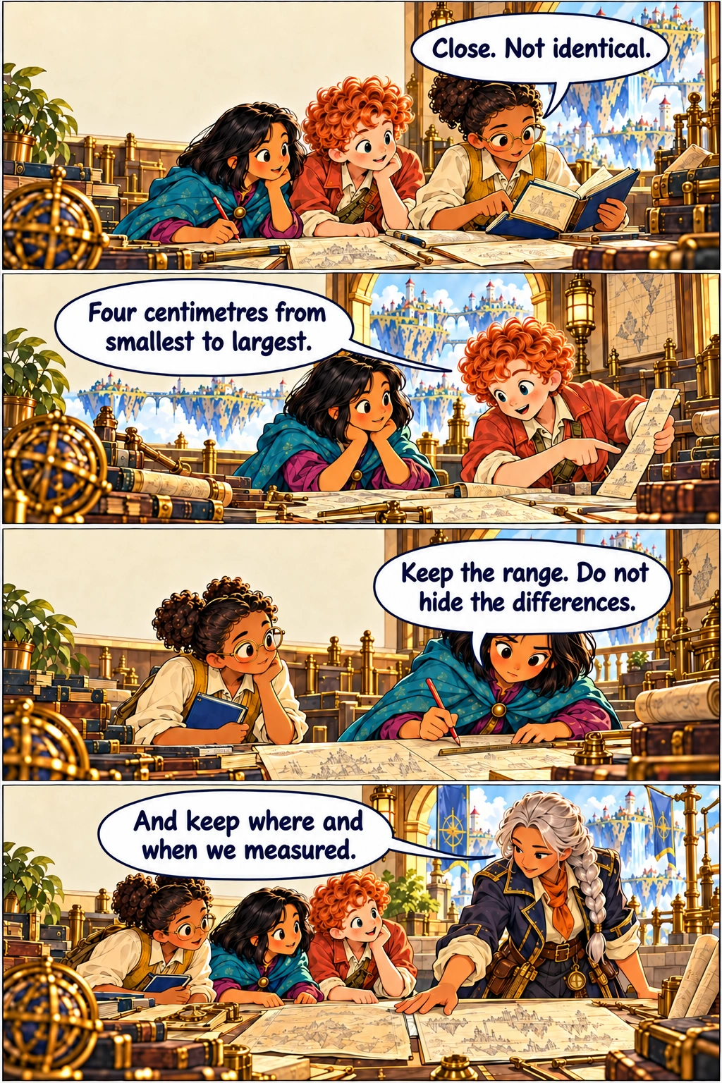 The Atlas Engine, Chapter 7, page 4. Ada compares the three entries in her blue notebook, friends beside her. Kit counts the spread using a small paper strip; Mina listens. Mina presses her red pencil beside the measurement record as Ada nods. Sora sets the original report next to the new dated observations, terrace behind.