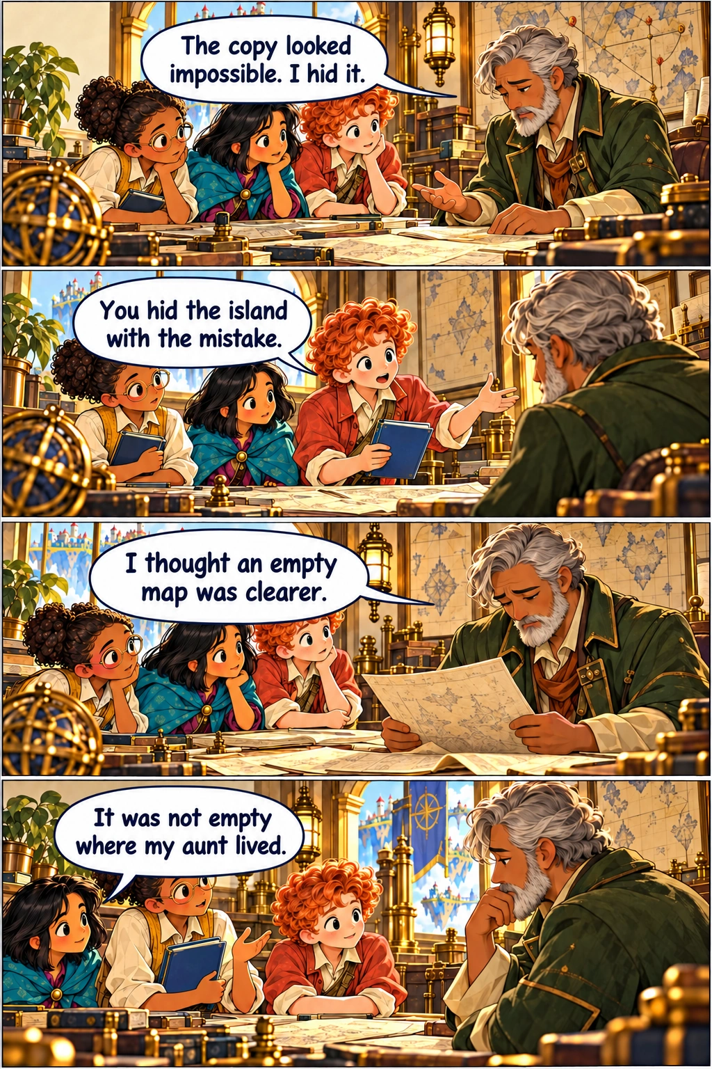 The Atlas Engine, Chapter 7, page 5. Mapkeeper Vale, an older tawny-skinned man with grey beard and moss coat, sits at the report desk facing the three children and Sora; warm brass map machinery behind. Kit addresses Vale, holding Ada's blue notebook; Ada and Mina listen beside him. Vale looks regretfully at a chart while Sora listens without anger. Mina faces Vale calmly, emergency lantern visible in the background.