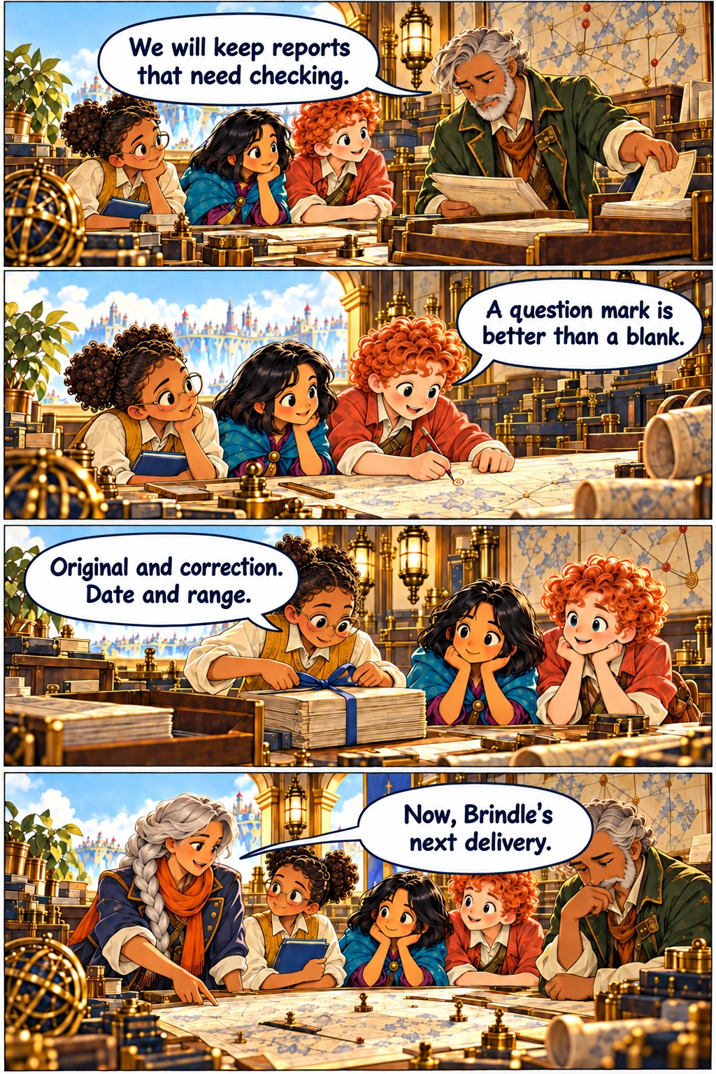 The Atlas Engine, Chapter 7, page 6. Vale puts a new report card into a clearly visible separate tray beside the accepted charts. Kit adds a small pencilled mark to an unlabelled draft map while Ada watches. Ada ties the original and corrected reports together with a blue ribbon. Sora and the apprentices stand at the report desk, reviewing a fresh route chart with Vale.