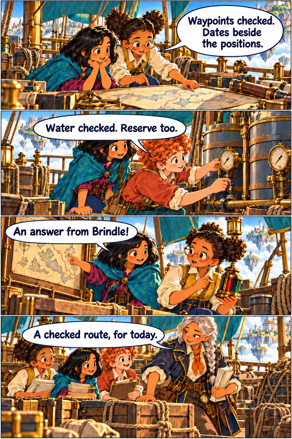 The Atlas Engine, Chapter 8, page 1. Ada checks the route chart with Mina aboard the moored service boat. Kit checks the two brass water tanks while Mina watches. Mina points to the planned route as Ada holds the safe enclosed signal lamp. Sora reviews the final departure checks and secured supply crates with the apprentices.