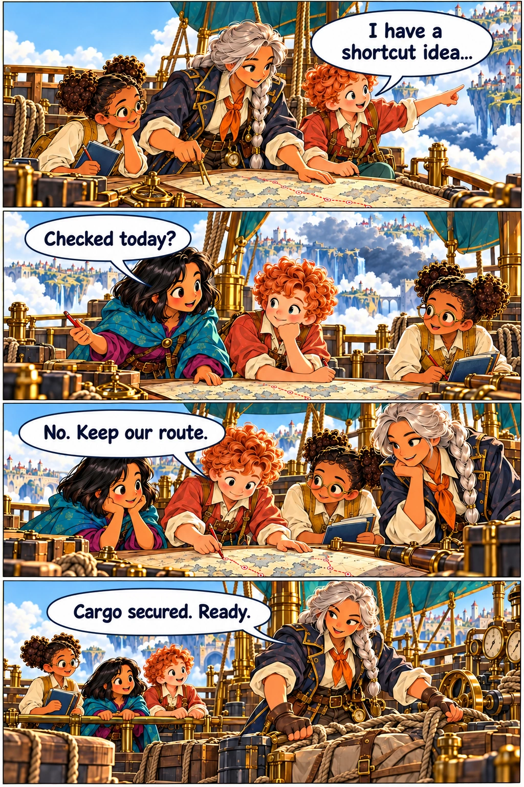 The Atlas Engine, Chapter 8, page 2. Kit points towards a cloud gap beyond the planned route while Sora studies the chart. Mina looks directly at Kit; a cloud-shadowed route lies in the distance. Kit lowers his pointing hand and returns to the agreed chart, a small satisfied smile. Sora checks cargo straps and the boat controls; apprentices stand safely behind a rail.