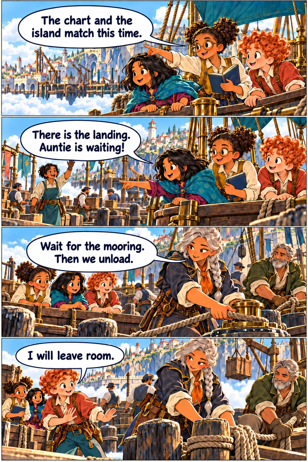 The Atlas Engine, Chapter 8, page 3. The service boat approaches Brindle on its checked route, Ada compares the lighthouse silhouette to her notebook. Mina sees Aunt Liora on a broad sheltered dock below the lighthouse. Sora brings the boat to the dock while apprentices wait behind the rail. Kit moves clear of Sora's working space while adult dock workers secure the boat.