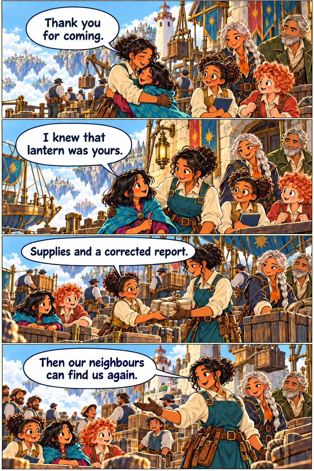 The Atlas Engine, Chapter 8, page 4. Aunt Liora, adult medium-brown-skinned woman with black hair pinned back and a teal work apron, embraces Mina on a broad dock; Ada, Kit and Sora smile nearby. Mina smiles at Liora; the familiar emergency lantern hangs beside the lighthouse entrance. Ada hands Liora a tied packet of reports while adult workers carry the secured supplies onto the dock. Liora looks towards a gathering of relieved Brindle neighbours beside delivered crates.