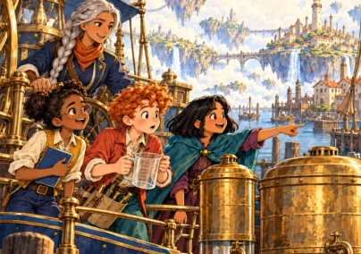 Chapter 2 cover: the apprentices compare two differently sized water tanks with Captain Sora.