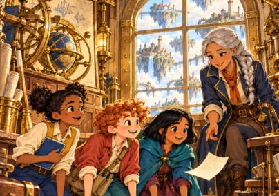 The Atlas Engine, Chapter 3: The Glider That Wouldn’t Glide. Ada, Kit and Mina compare falling paper with Captain Sora.