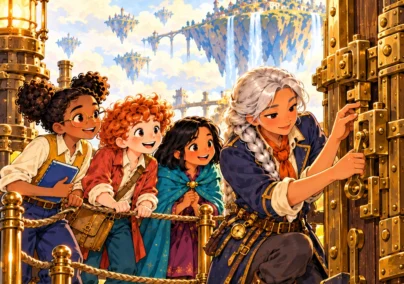 The Atlas Engine, Chapter 4: The Door No One Can Lift. Sora examines a brass latch while the apprentices watch from behind a rope.