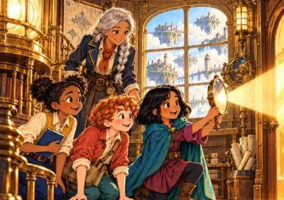 The Atlas Engine, Chapter 6: The Message Around the Corner. Mina redirects light using a mirror while Ada, Kit and Captain Sora watch.