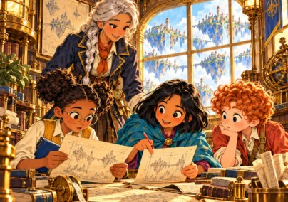 The Atlas Engine, Season 1 Chapter 7: The Atlas Was Almost Right. Ada and Mina compare reports with Kit and Captain Sora in the brass map room.