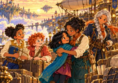 The Atlas Engine, Season 1 Chapter 8: A Route for Everyone. Mina embraces Aunt Liora on the floating island dock, with Ada, Kit and Captain Sora beside the delivered supplies.