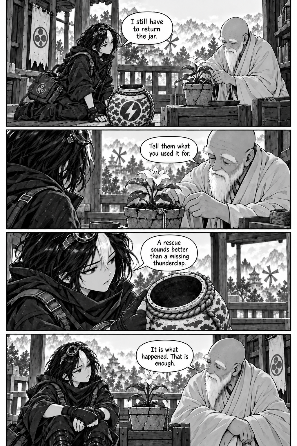 Borrowed Thunder, Chapter 2, page 1. Neri and Orin discuss returning the empty storm jar beside the flower.
