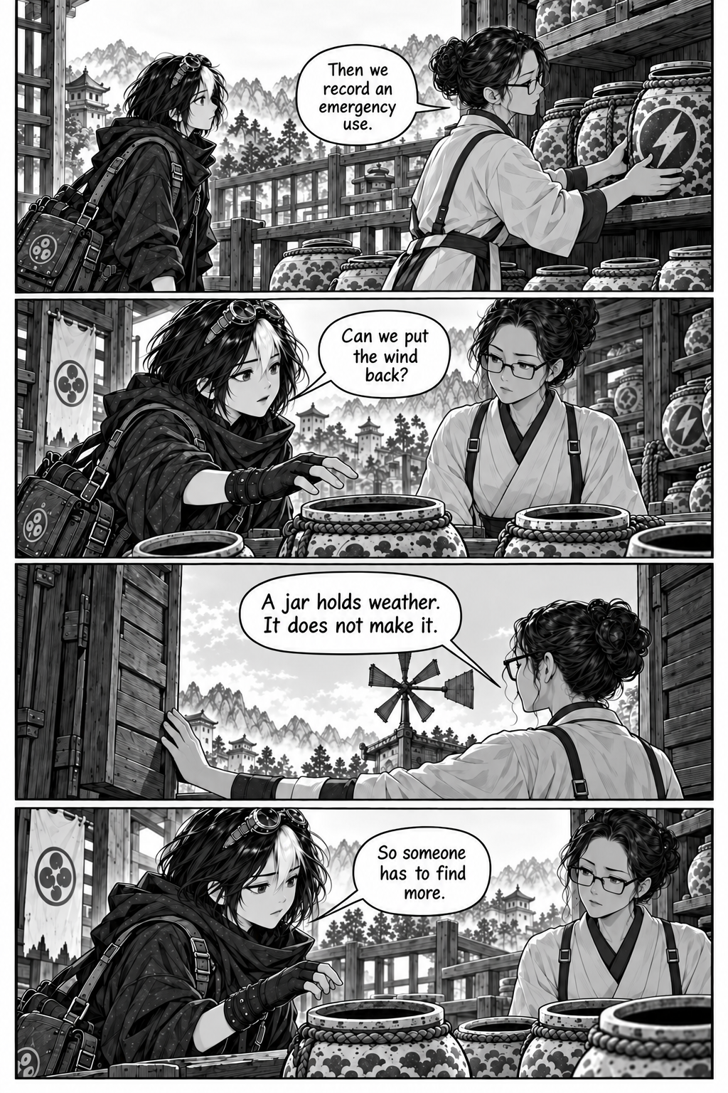 Borrowed Thunder, Chapter 2, page 3. Ilen explains that weather jars store weather but cannot create it.