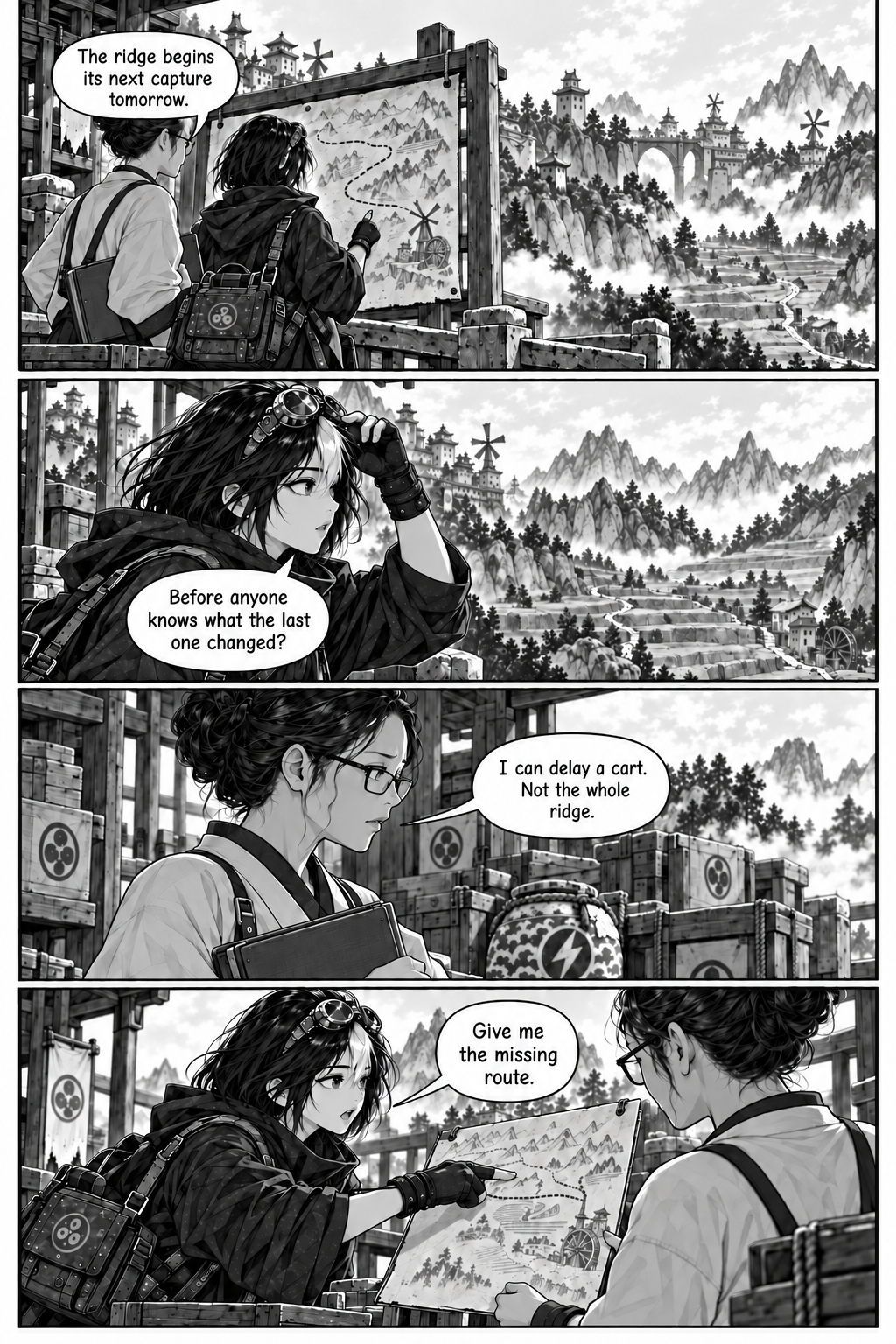Borrowed Thunder, Chapter 2, page 5. Neri chooses to investigate the lower route before the next ridge capture.