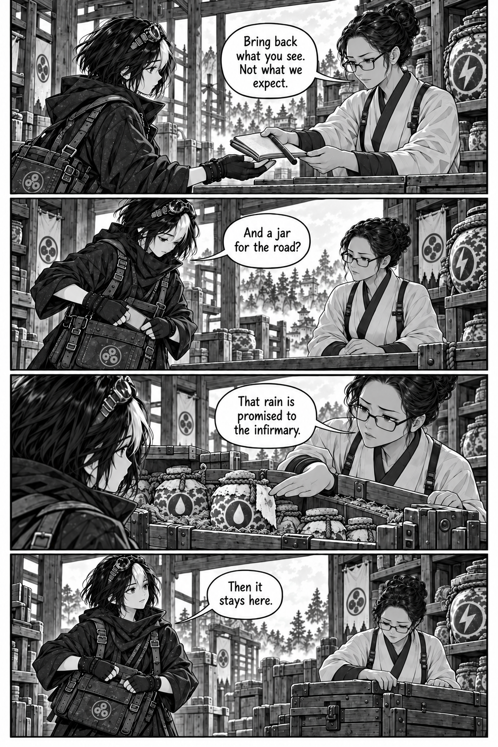 Borrowed Thunder, Chapter 2, page 6. Neri accepts the ledger and leaves the infirmary’s reserved rain untouched.