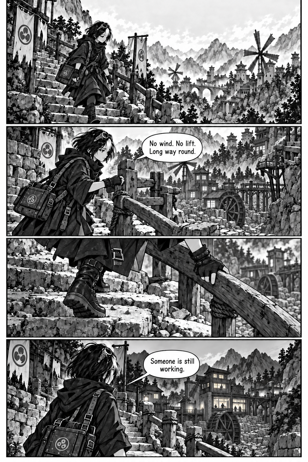 Borrowed Thunder, Chapter 2, page 7. Neri descends the damaged path toward a mill with a dry sluice and motionless sails.