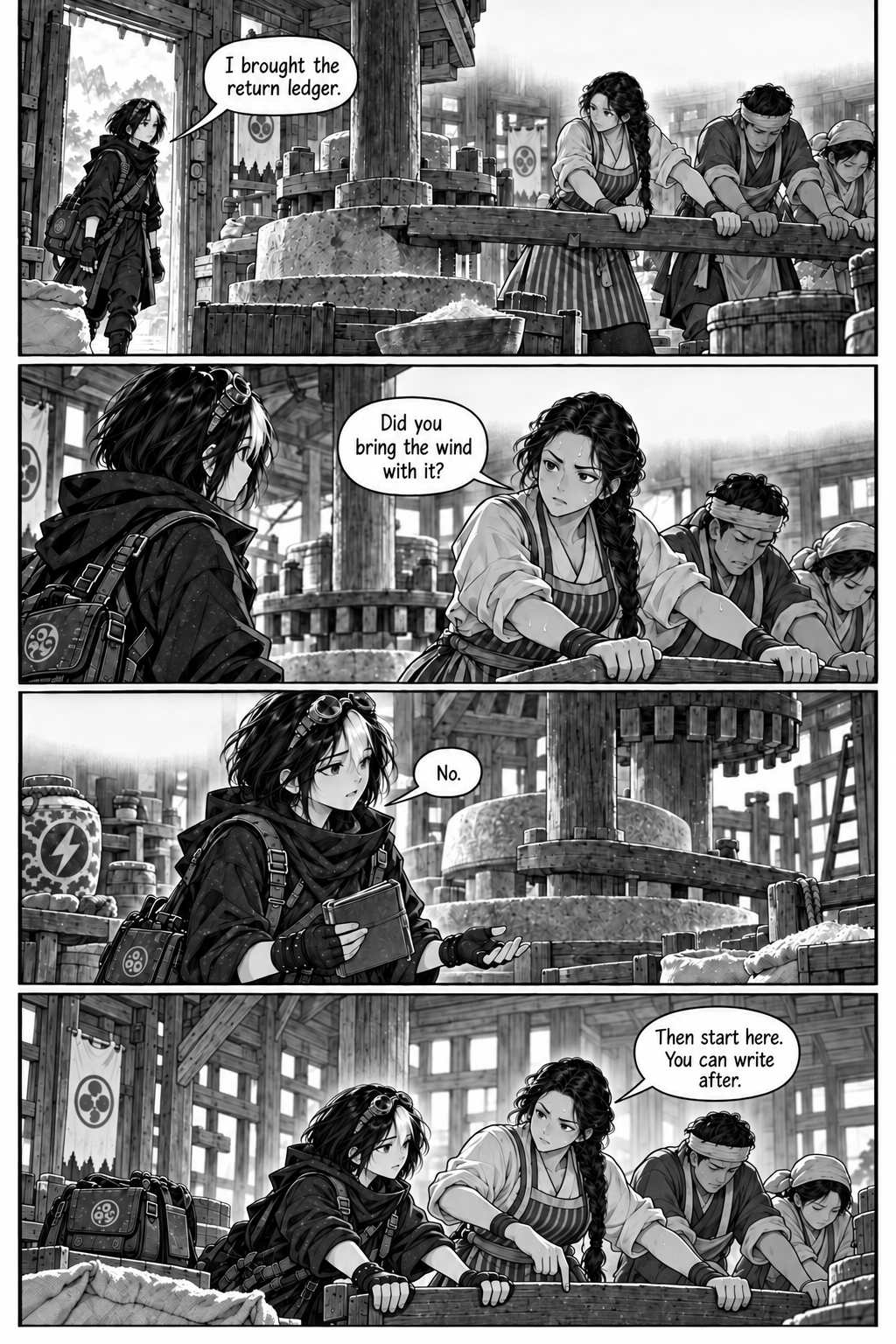 Borrowed Thunder, Chapter 2, page 8. Neri arrives at the stranded mill and joins Eda at the hand-operated lever.