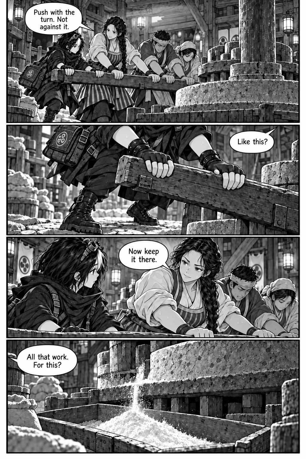 Borrowed Thunder, Chapter 3, page 1. Neri learns to push the mill’s hand lever with Eda; their effort produces a little flour.