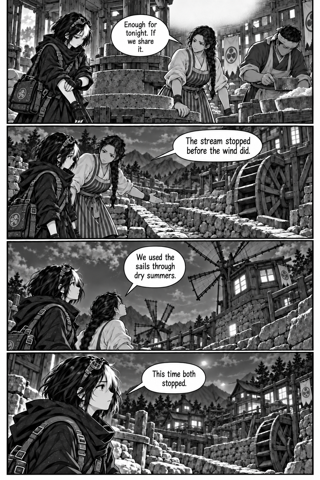 Borrowed Thunder, Chapter 3, page 2. Eda shows Neri the mill’s dry water channel and motionless windmill sails.