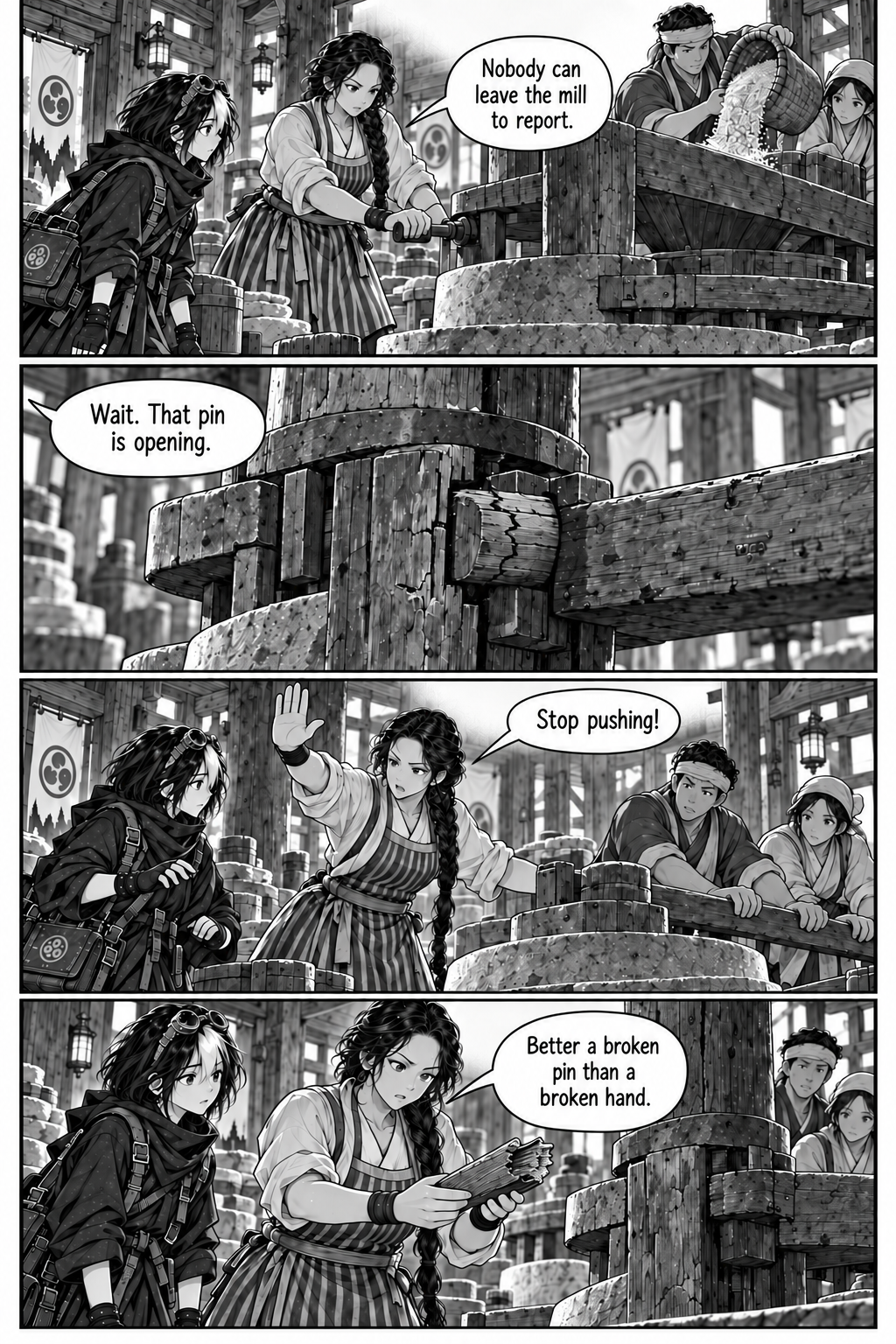 Borrowed Thunder, Chapter 3, page 3. Neri spots a splitting drive pin; Eda stops the mill before removing the broken wood.