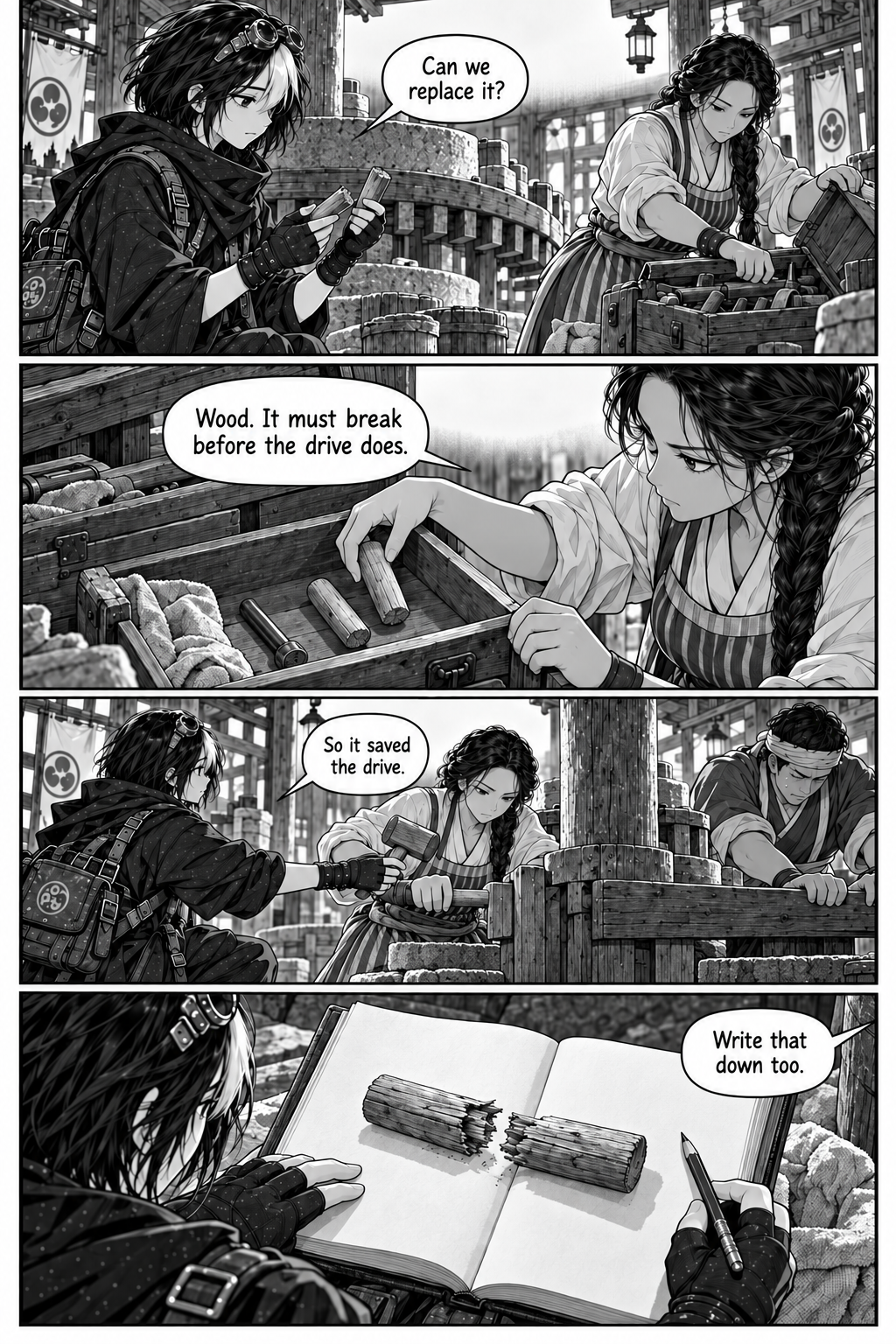 Borrowed Thunder, Chapter 3, page 4. Eda fits a spare wooden pin while the mill is stopped; Neri keeps the broken pieces with the ledger.